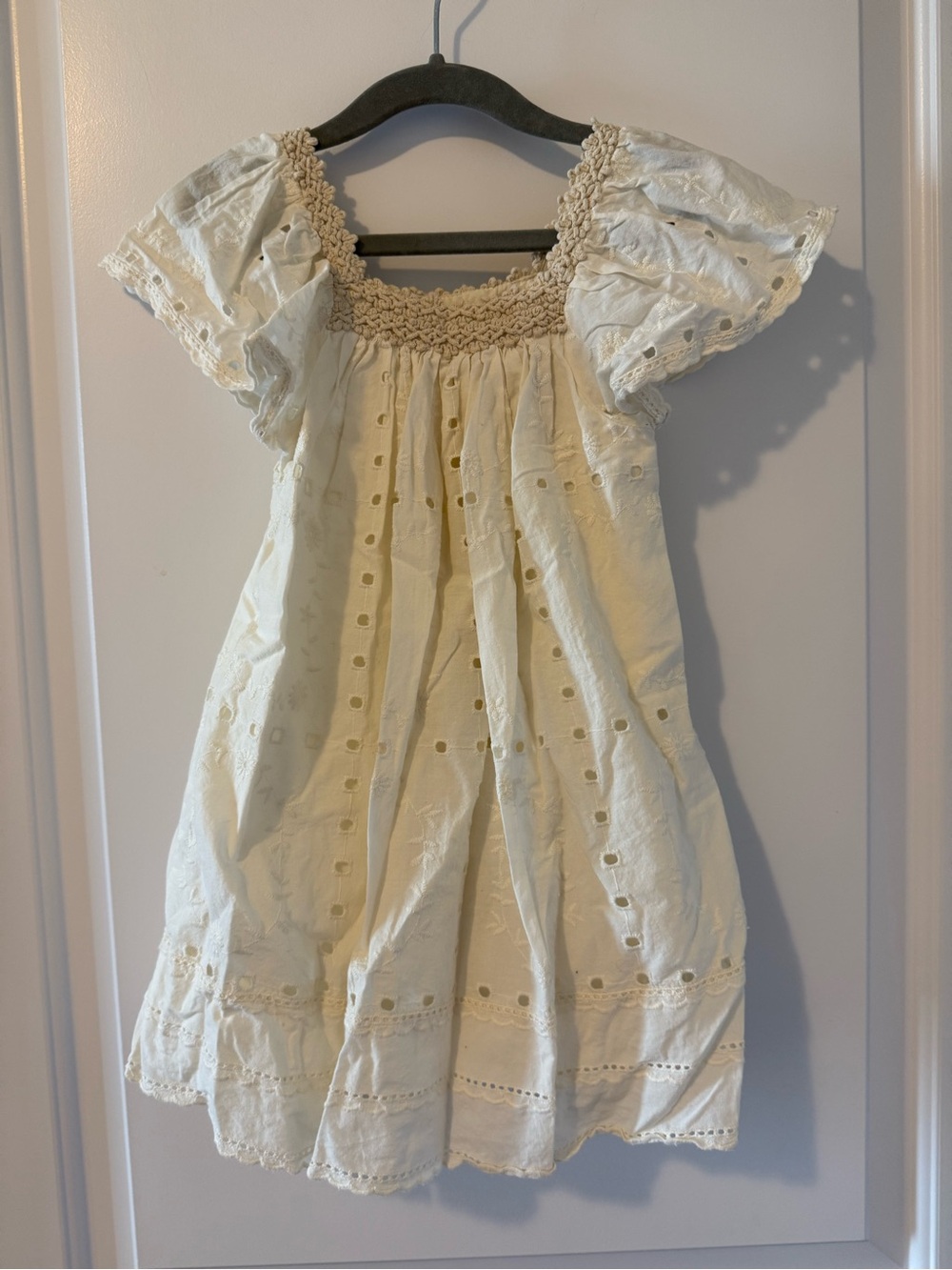 Zara Cream Eyelet Smocked Puff Sleeve Dress